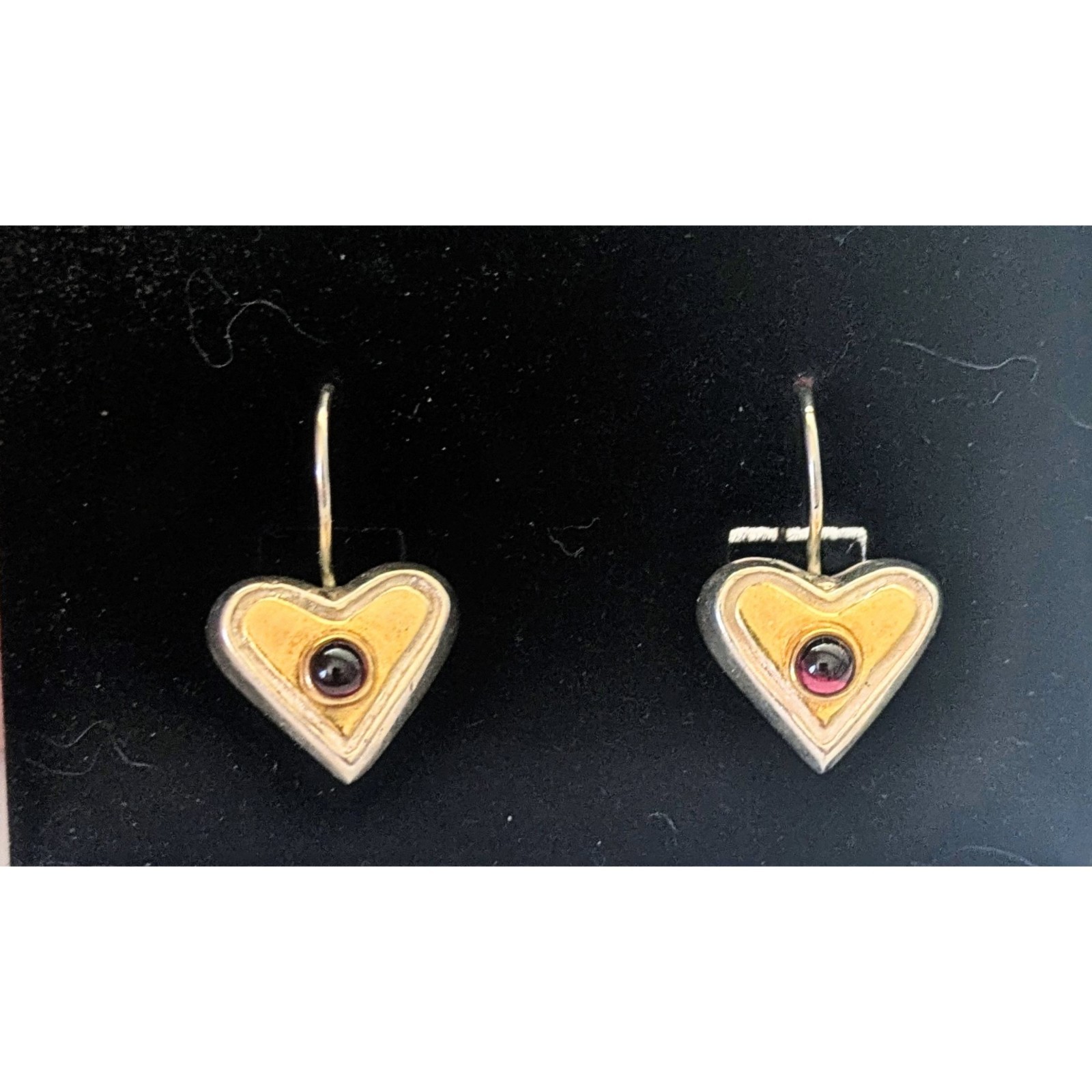 Vintage Sterling Silver Garnet Cabachon 2 Tone Heart Hook Back Earrings