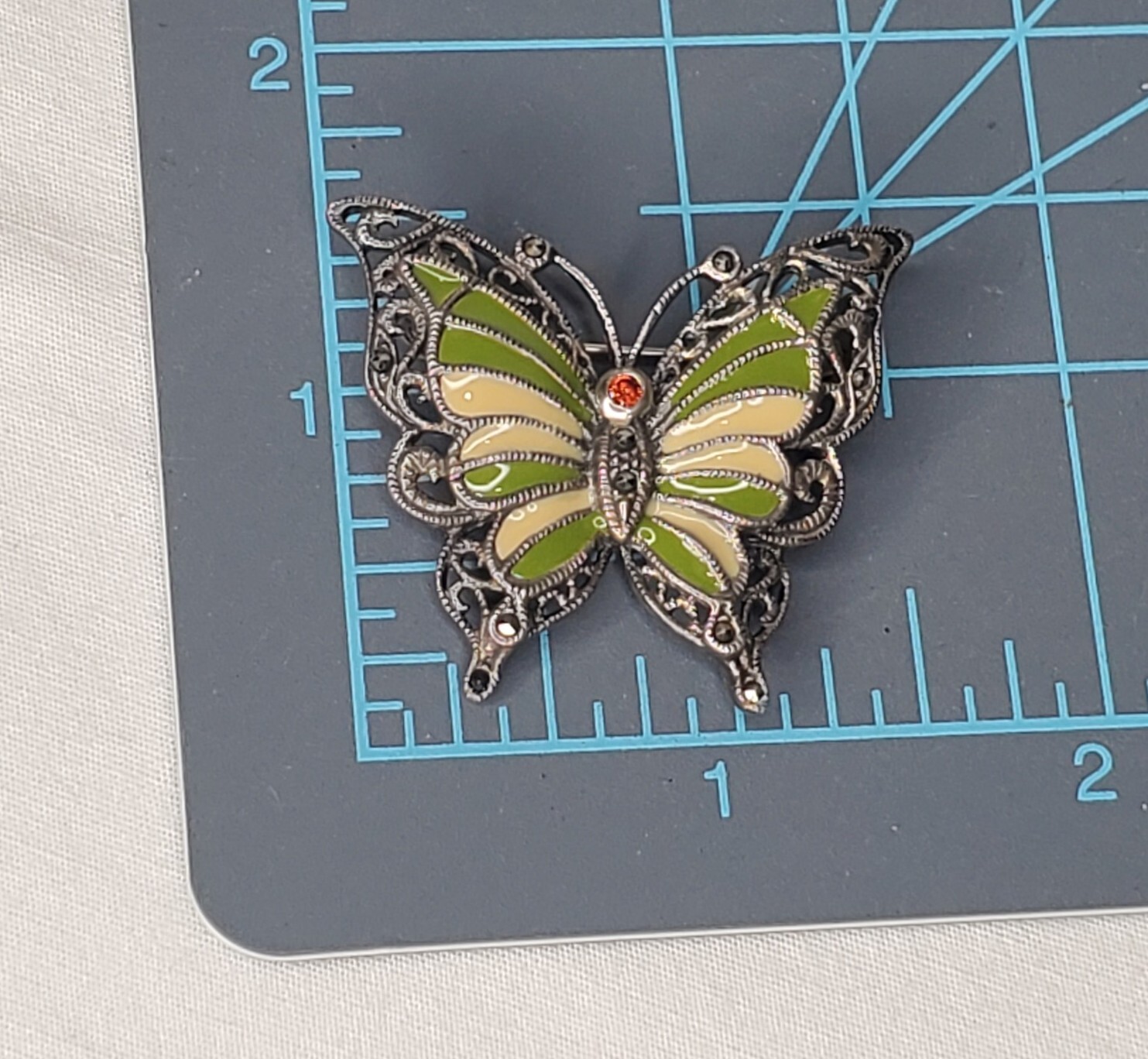 Vintage Sterling Silver Butterfly Brooch Green Yellow Enamel Wings Figural Pin