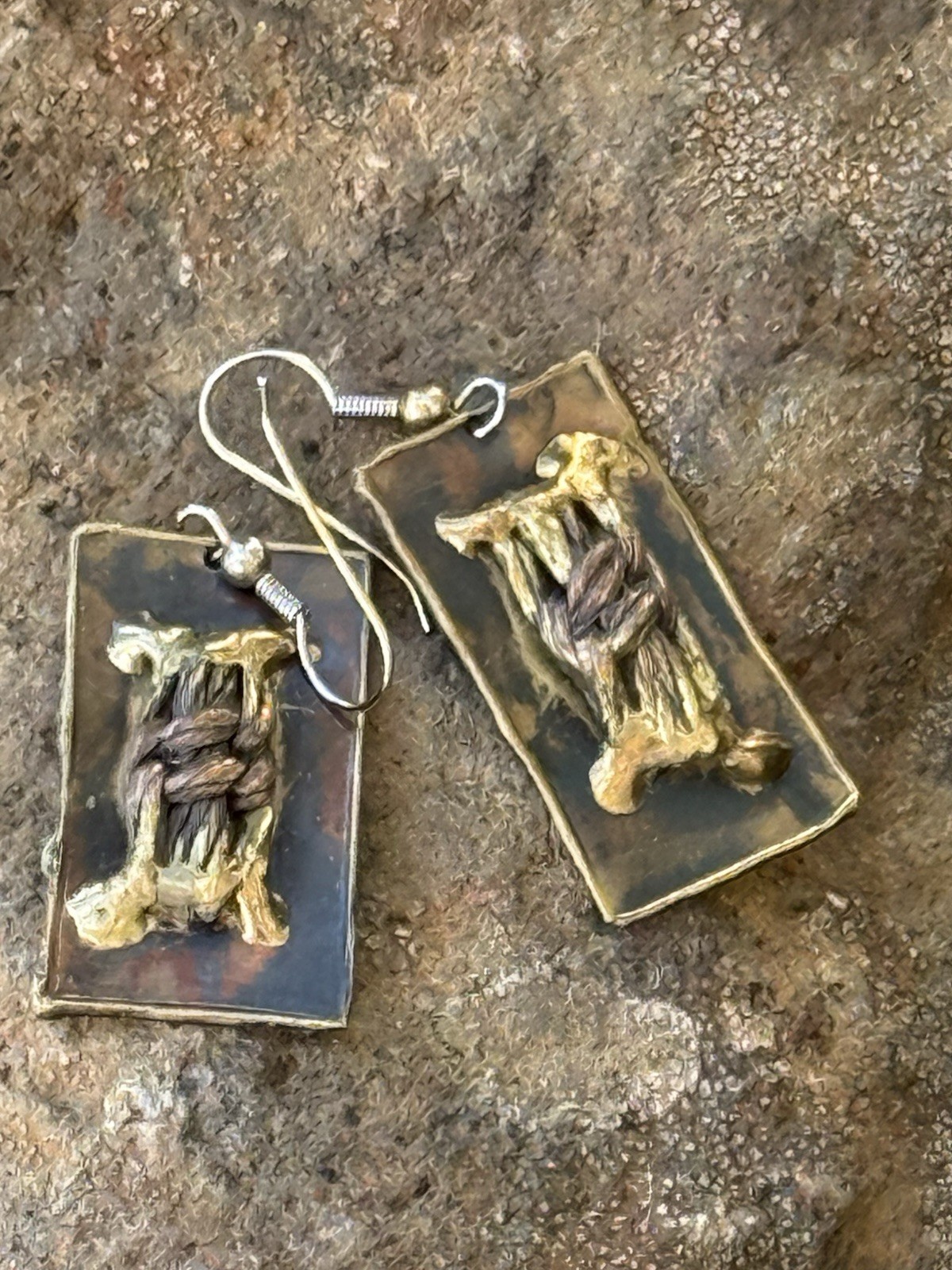 Vintage Art Studio Metal Brass Copper Brutalist Style Dangle Pierced Earrings
