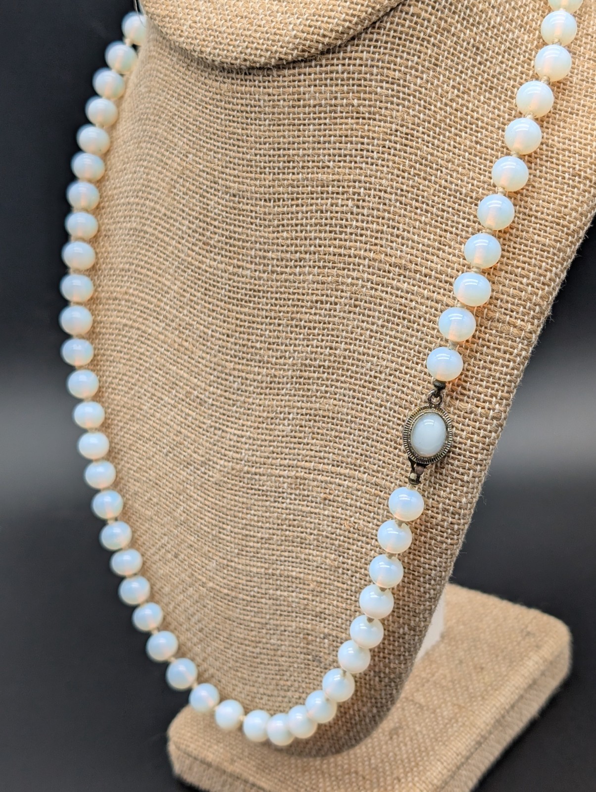 VINTAGE OPALITE OR OPALINE OPALESCENT GLASS BEAD NECKLACE HAND KNOTTED 23″