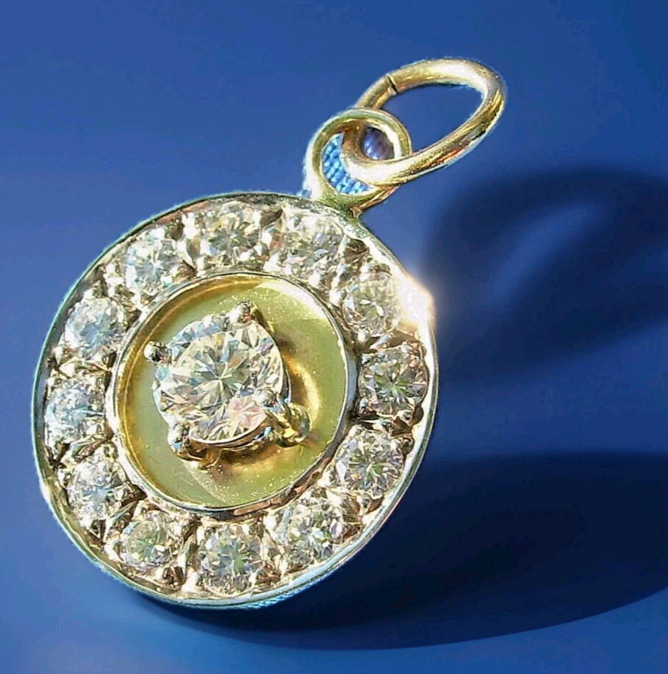 Original EARTH MINED DIAMOND Deco Pendant Vintage Halo SOLID 14K GOLD Medallion