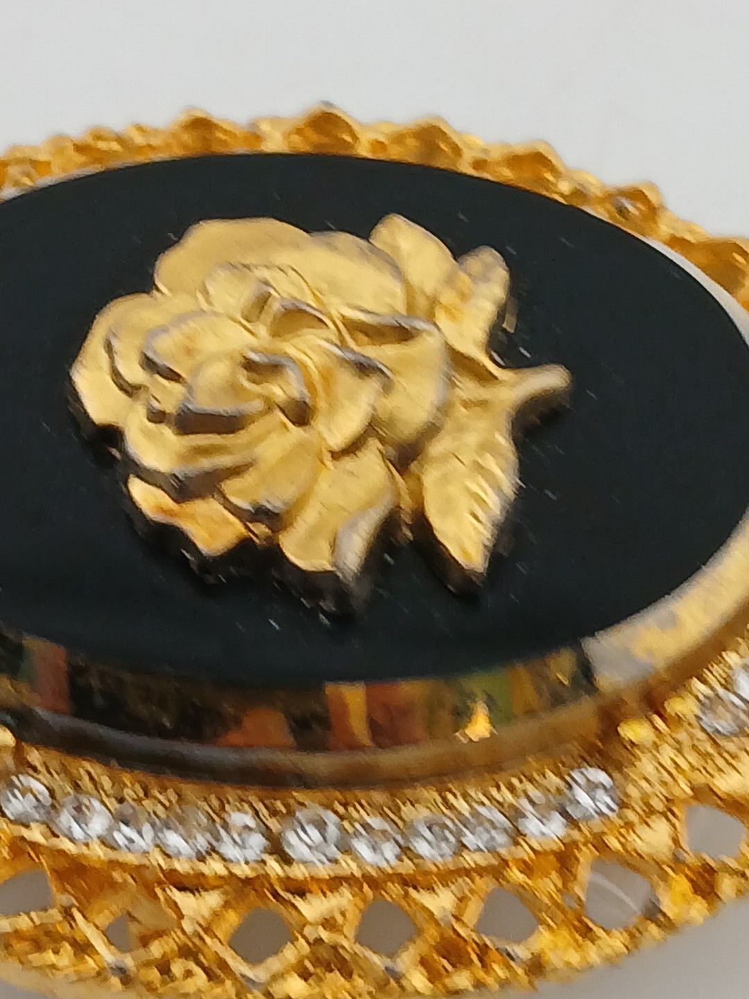 Signed CELEBRITY gold tone black glass clear stones rose cameo pendant brooch