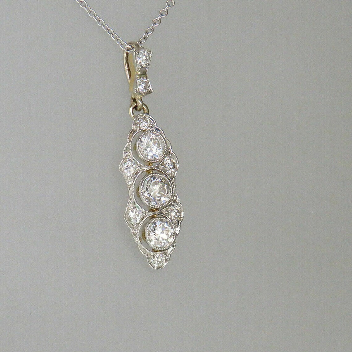 3 Stone Art Deco Round Lab Created Diamond Engagement White Gold Filled Pendant