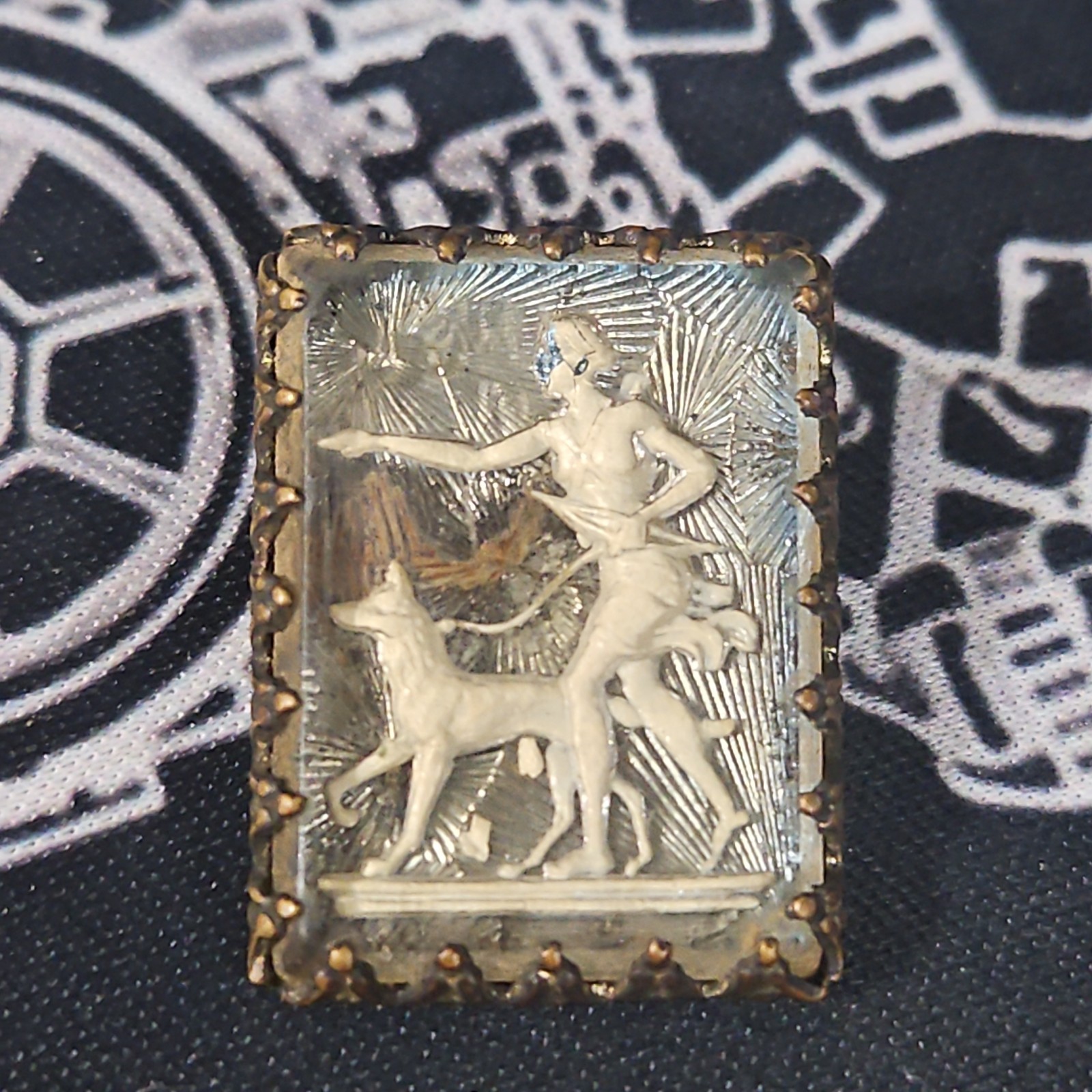 Vintage Figural Glass Cameo Brooch – Woman with Dog Relief Pin