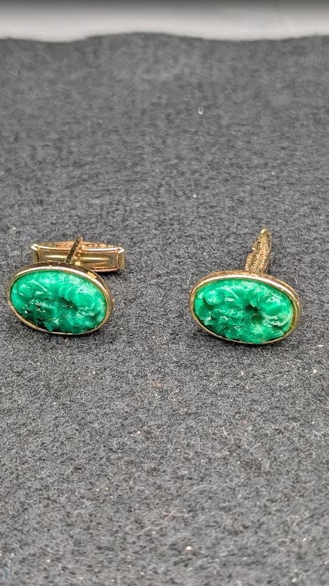 Vintage Jadeite Pair Green Glass Cufflinks Gold Tone Oval