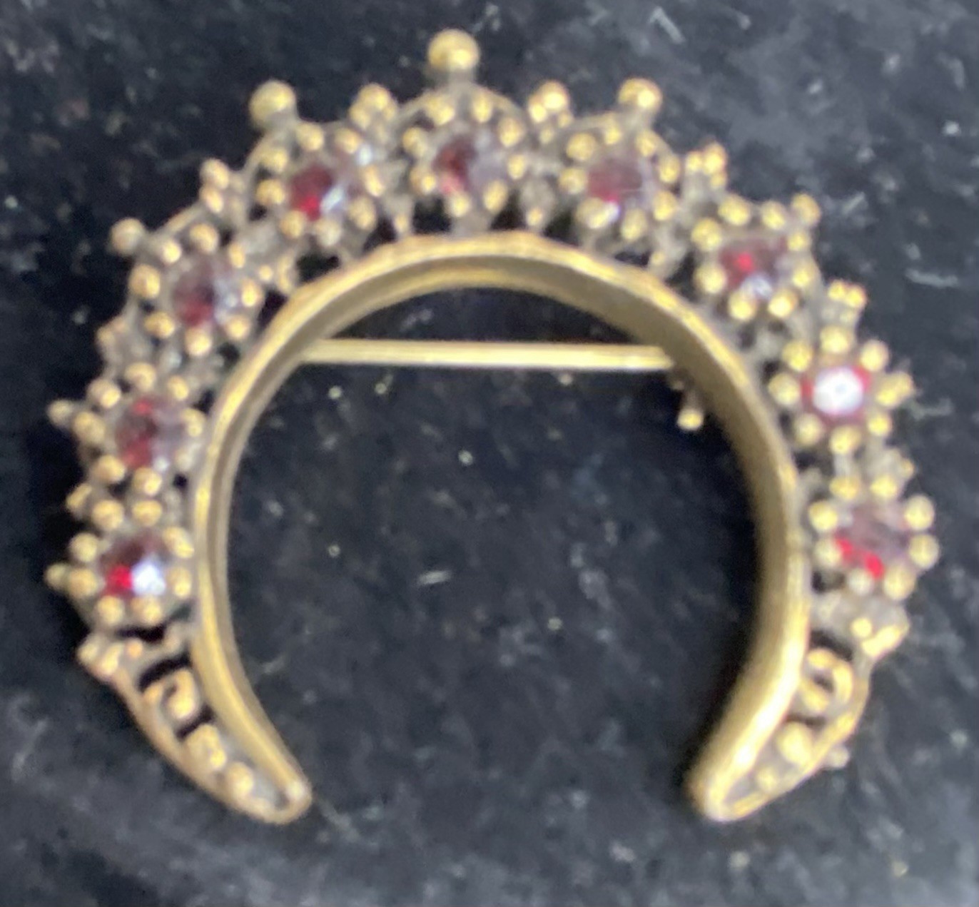 Crescent Moon Brooch Gold Tone With Red Garnets Vintage Pin