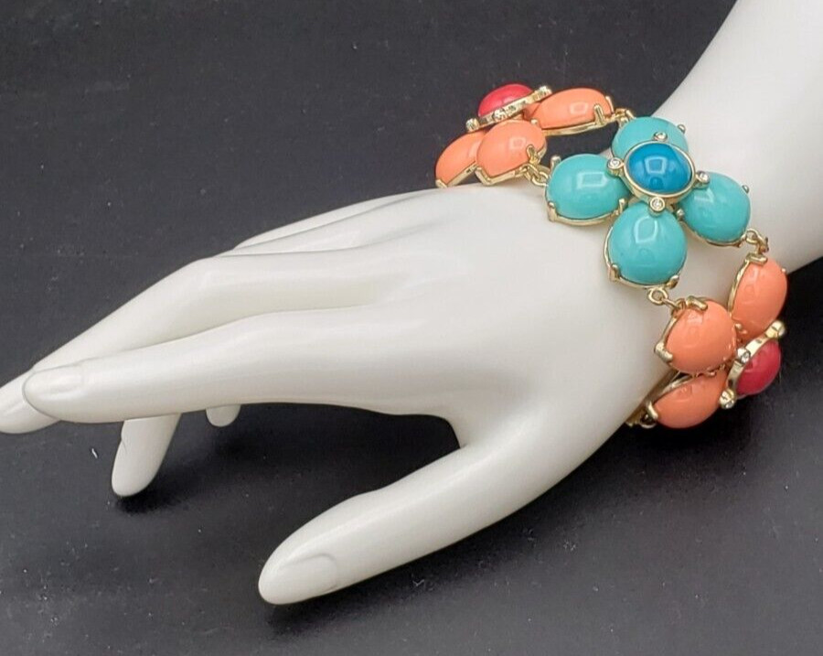 Vintage Set Flower Multicolor Gold Tone Necklace 19 + 3 in & Bracelet 7.5 in