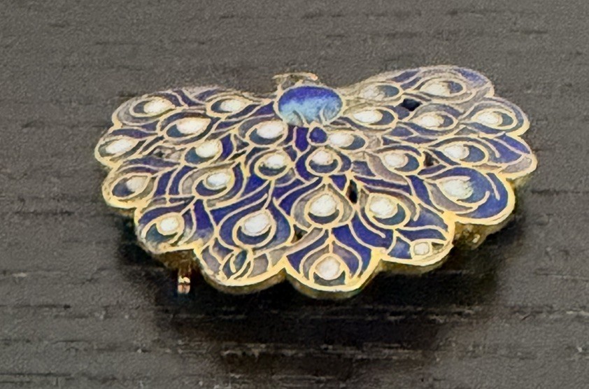 Vintage Cloisonné Peacock Brooch with enamel work and gold-tone accents