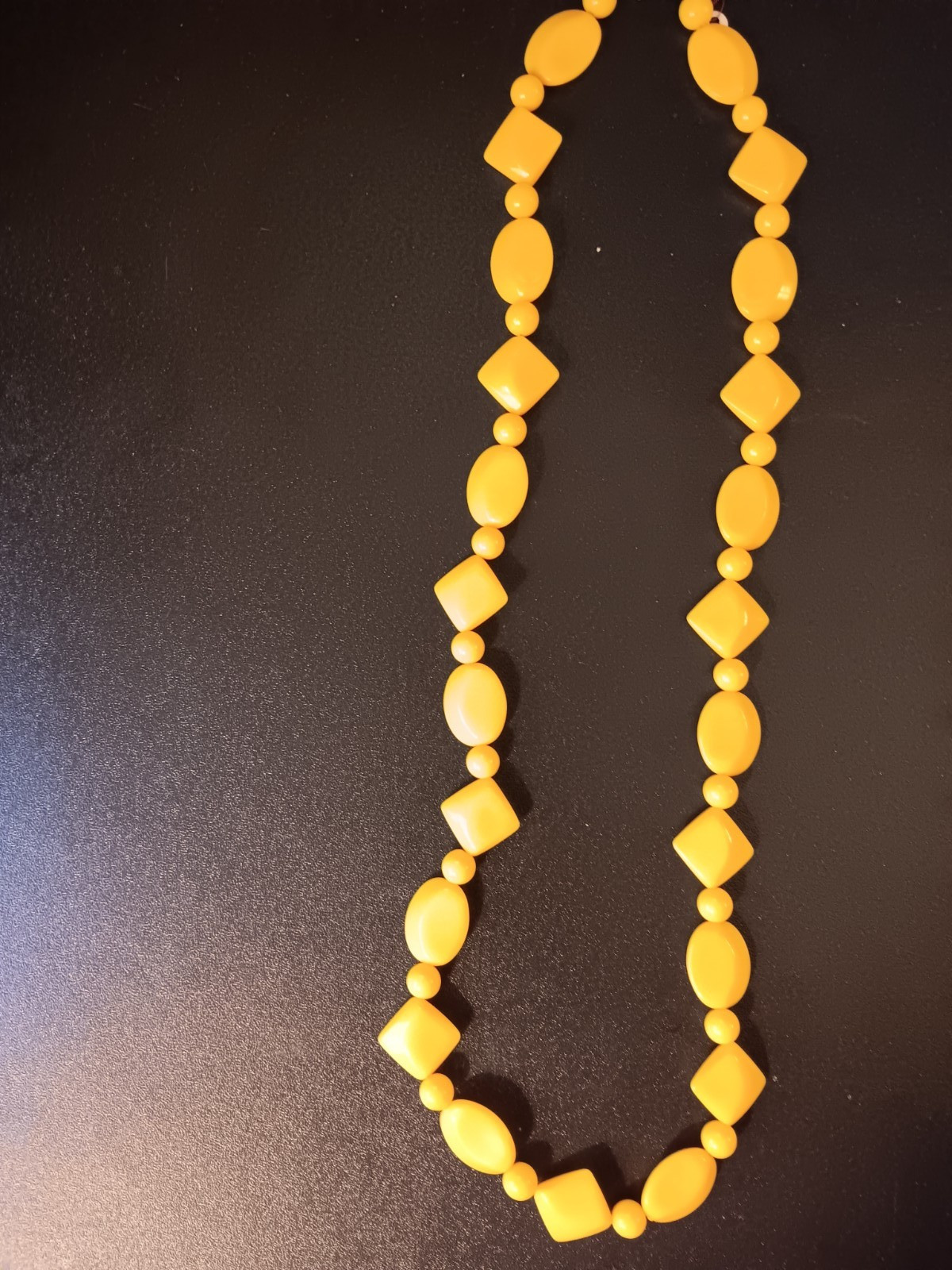 Vintage Yellow Offset Faceted Oval & Diamond Shape Plastic w/Round Bead Necklace