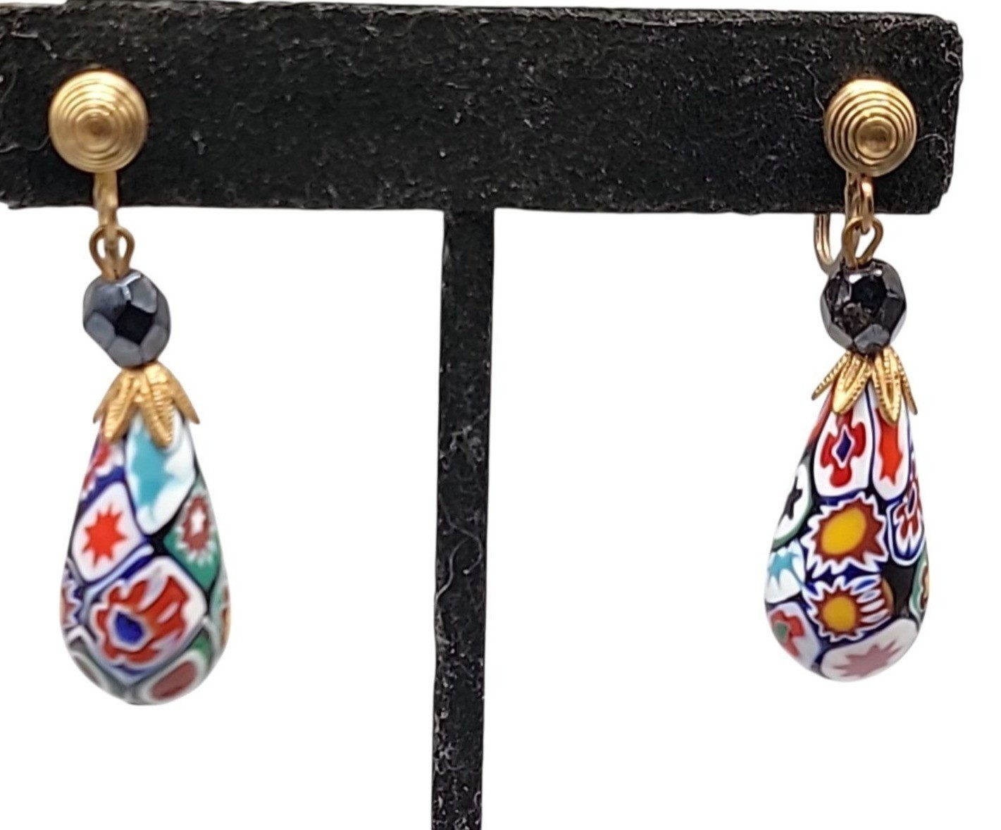 Venetian Millefiori Dangling Screwback Earrings Gold Teardrop Art Glass Vtg