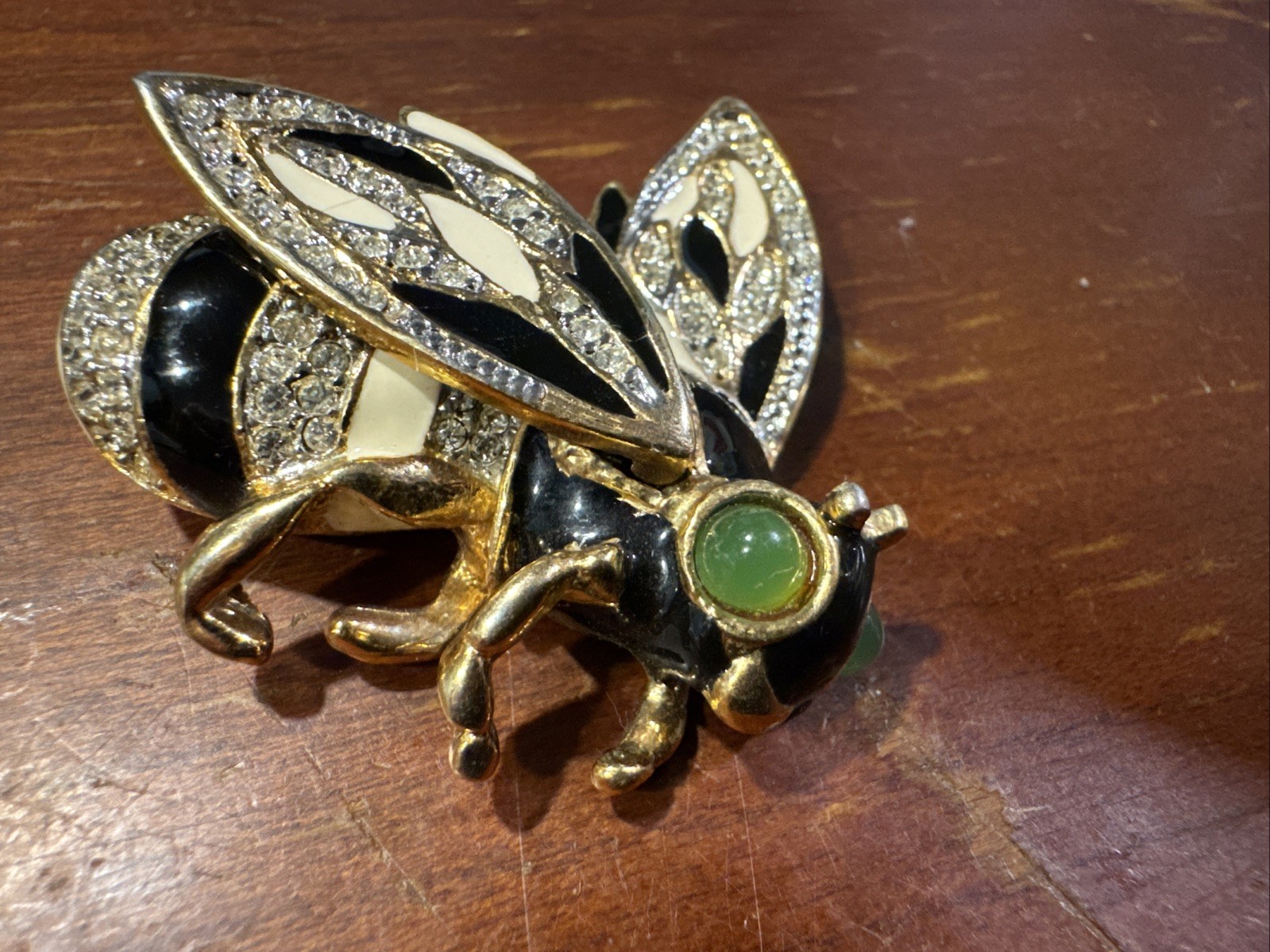 Vintage Kenneth J Lane Bee Brooch Black & White Enamel, Crystals, Green cabochon