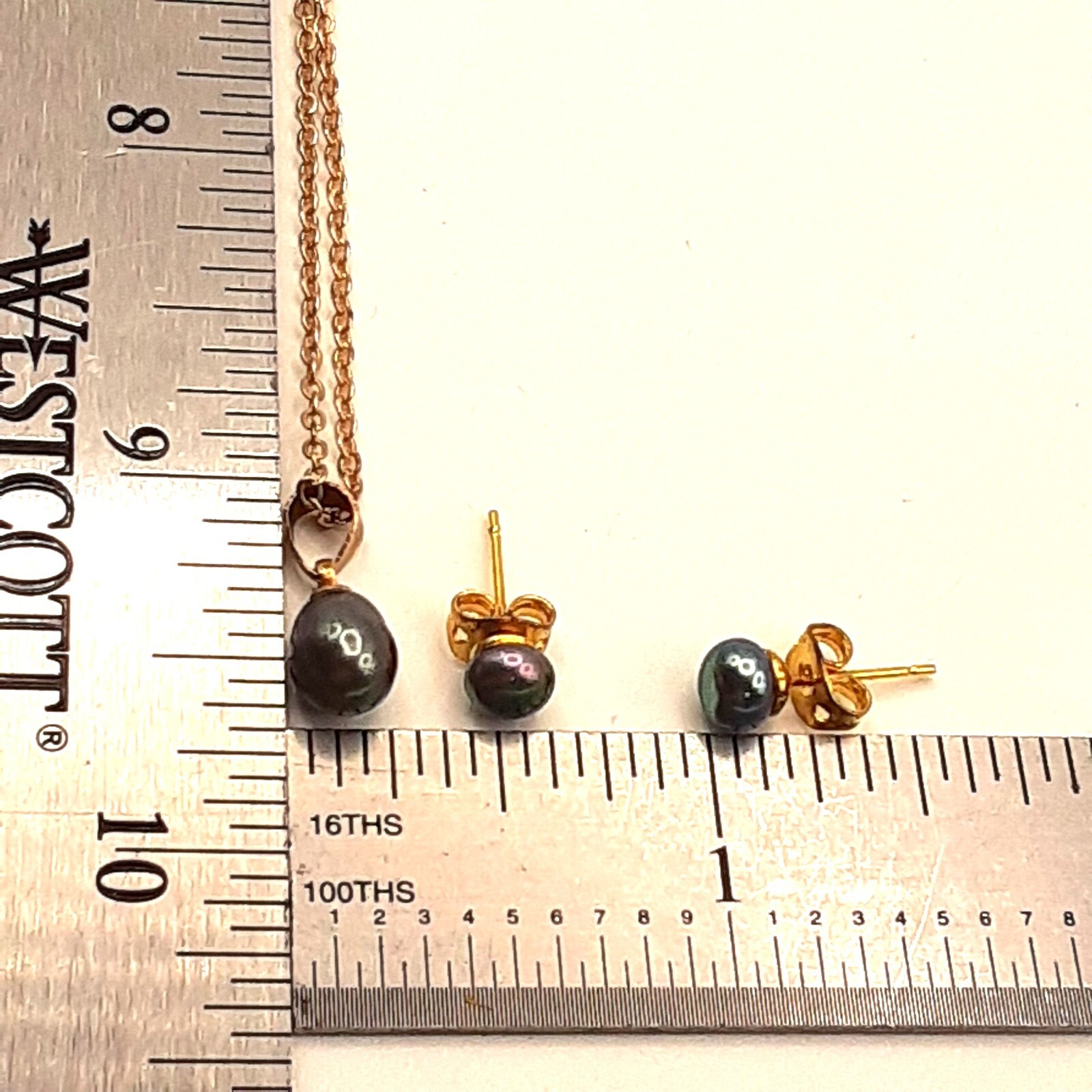 Vntg Faux Black Pearl Necklace & Post Earring Set 80’s, 18KGP, gift for her