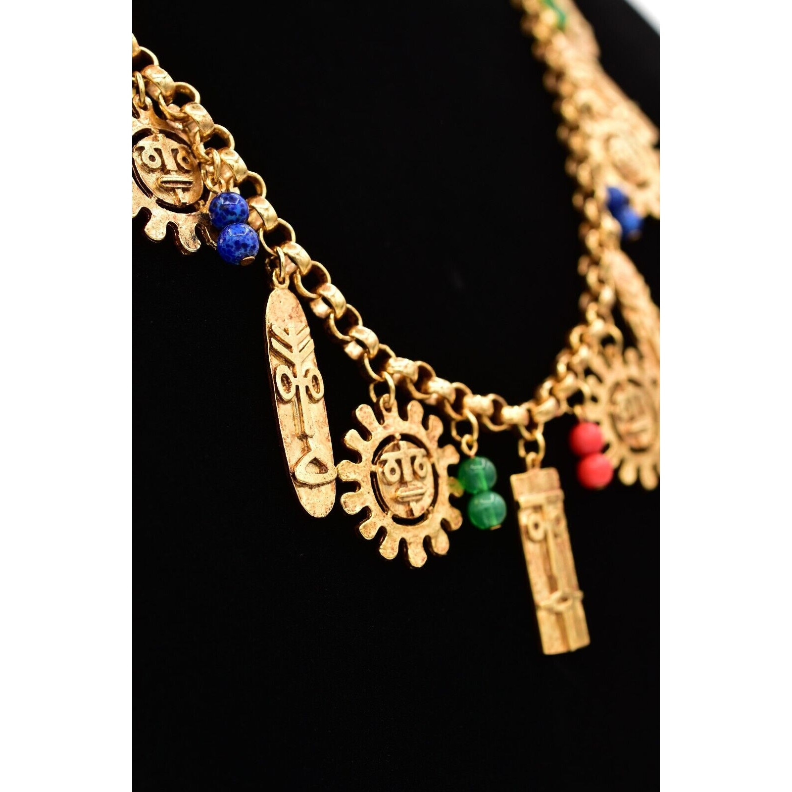 Vintage Tribal Charm Necklace Sun Tiki Mask Beaded Gold Heavy Chunky NOS BinA5