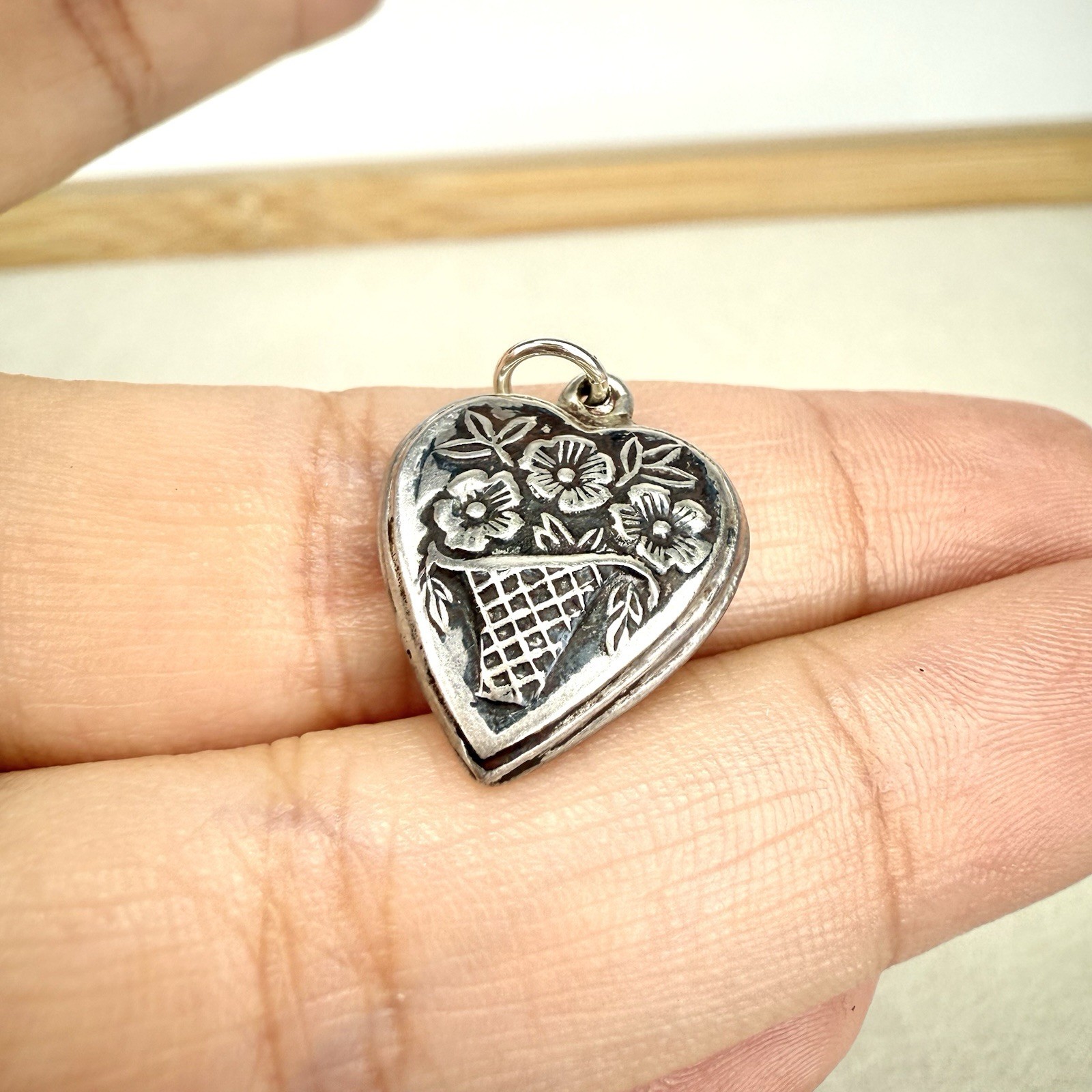 Vintage Flower Bouquet Puffy Heart Charm 925 Sterling Silver 1940s Basket Floral