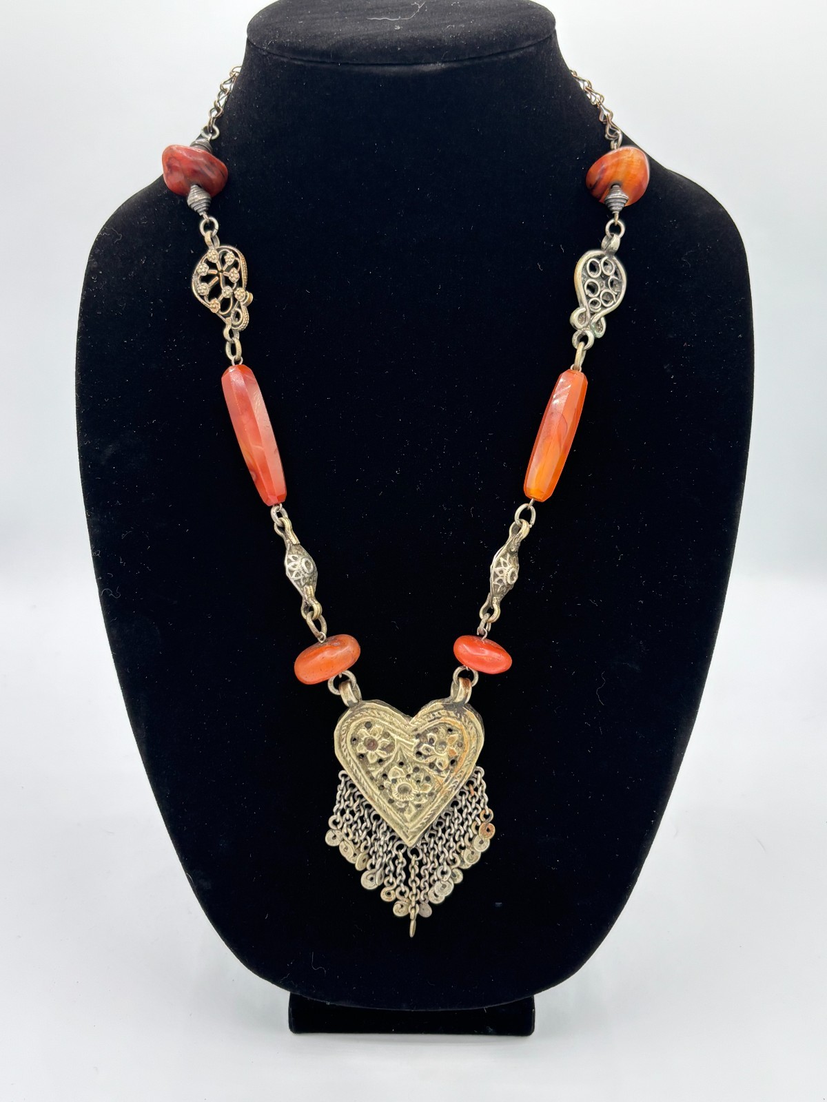Vintage Turkmen Silver Carnelian Asyk Heart Necklace Yemeni Tribal Statement