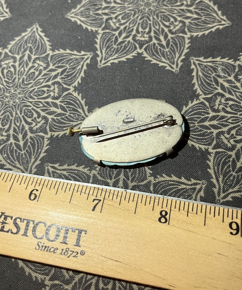 Antique Made In France Brooch Pale Blue Floral Trombone Style Pin Back