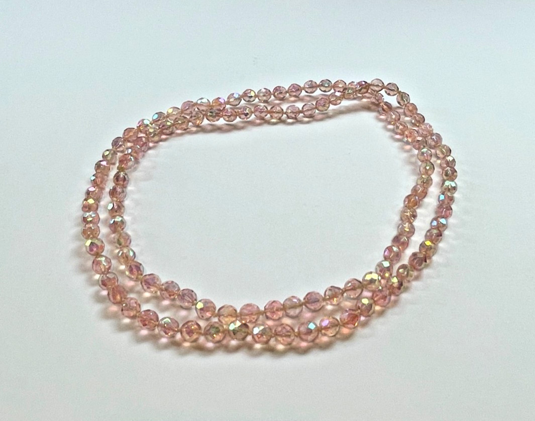 Vintage Pink AB Crystal Bead Rope Necklace | 39″ | Aurora Borealis | 1950s