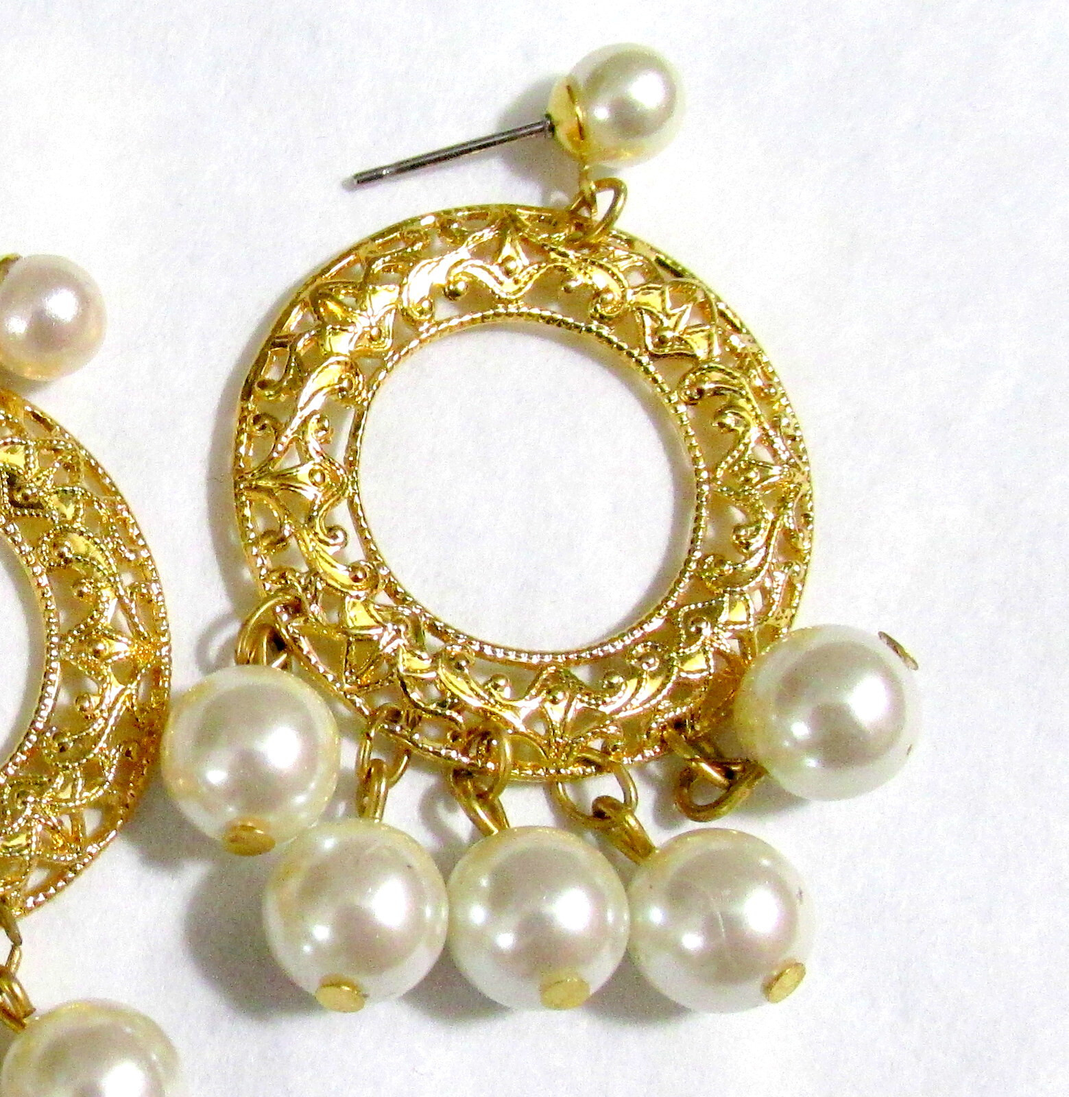 VTG RUNWAY NAPIER DANGLING FILIGREE GP 2″ HOOP FAUX PEARL EARRINGS POSTS EXC
