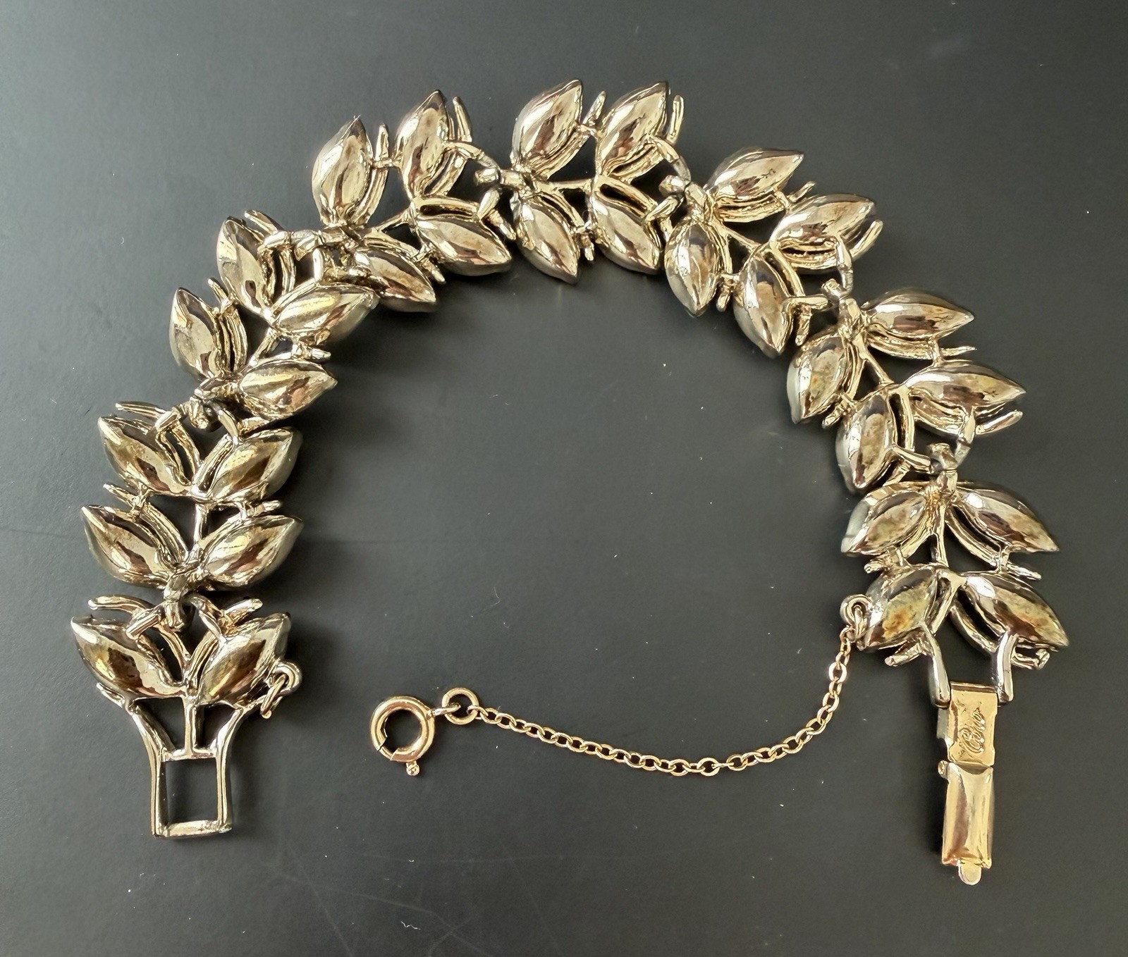 Vintage Coro Signed Clear AB Rhinestone Leaf Shape Bracelet 7.25″