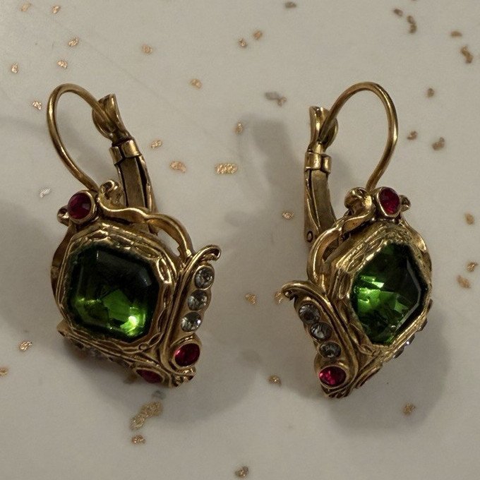 Vintage Joan Rivers Jeweled Bug Insect Leverback Earrings Gold Tone Green Red