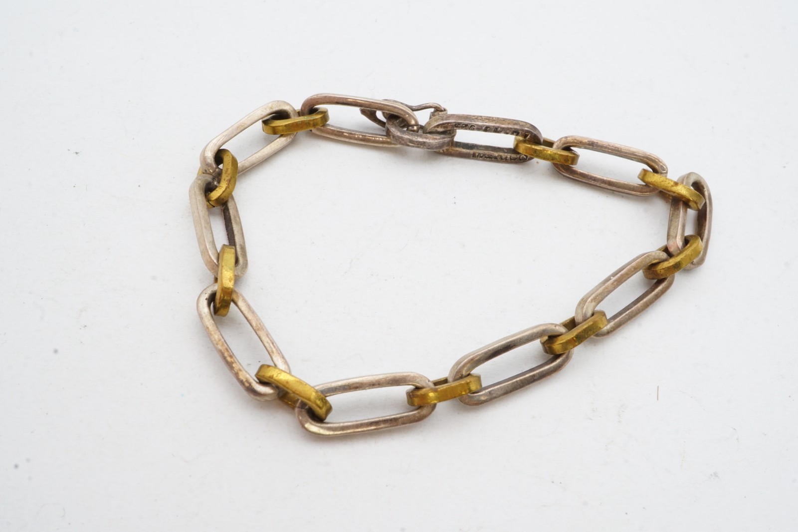 Vintage Taxco Mexico Sterling Silver 925 & Brass Oval Link Bracelet 7.75″