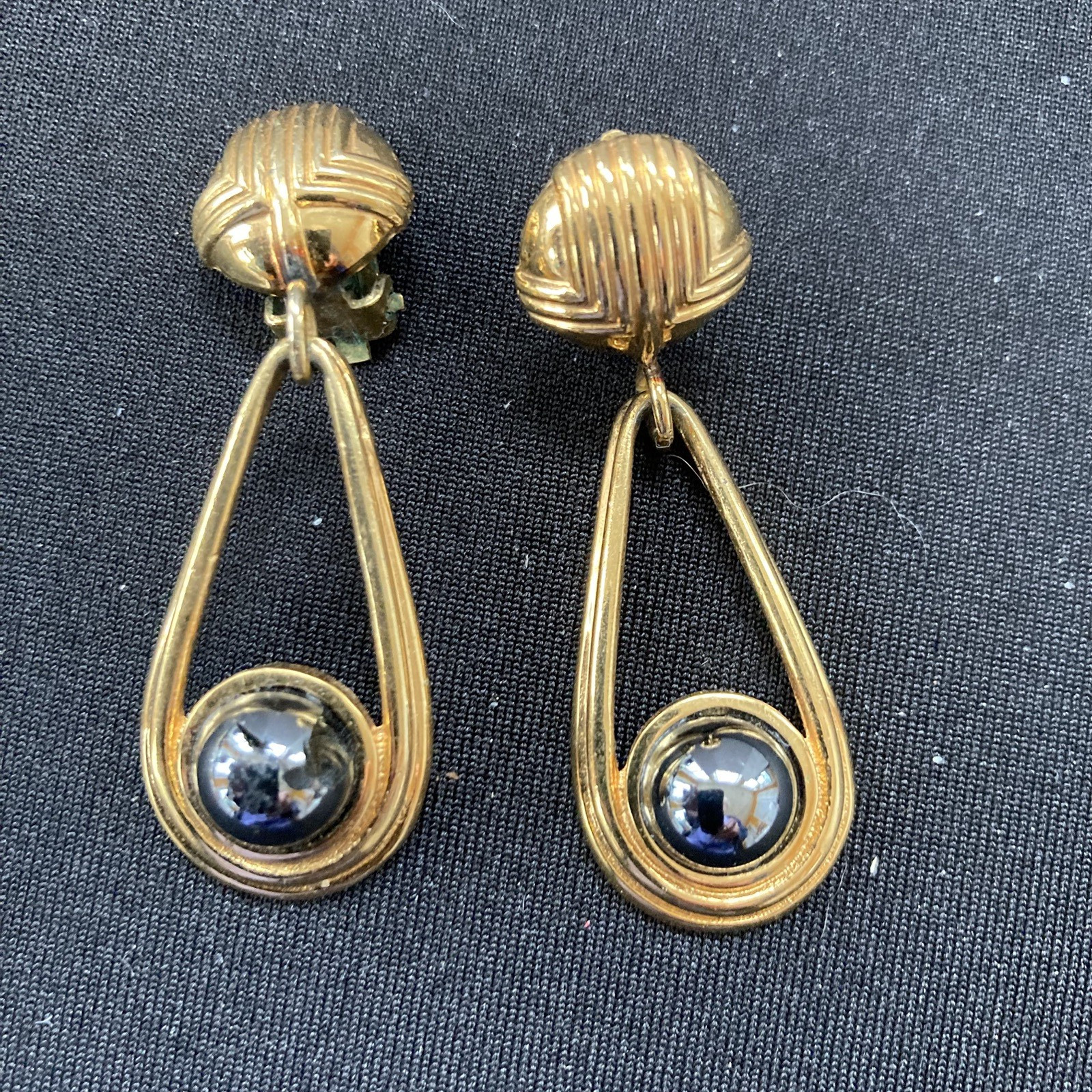 Vintage MCM Lanvin Gold Tone and hematite Dangle Clip On Earrings 1 3/4″