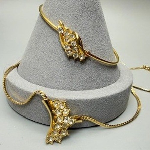 Gold Tone Rhinestone Necklace and Bracelet Set 19″ 6.5″ Dainty Cocktail Wedding
