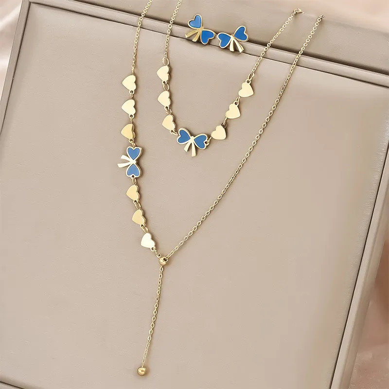 Real Gold Plated Heart Shape Bow Knot Titanium Steel Sweet IG Style Waterproof