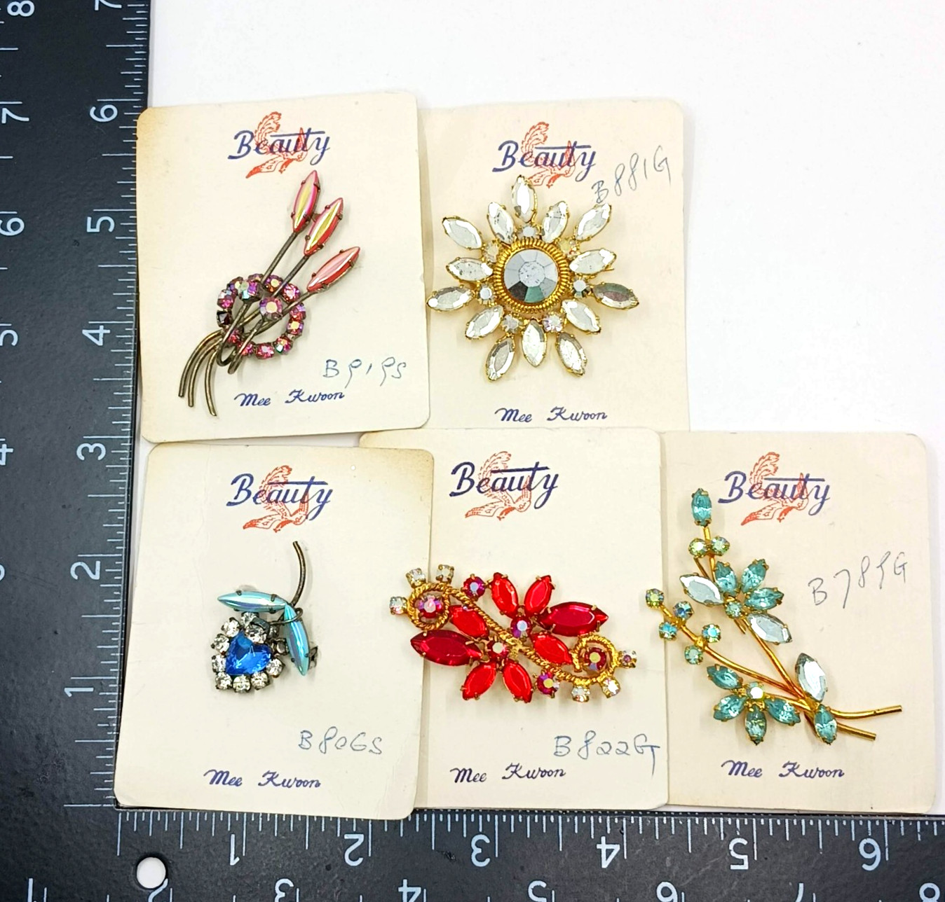 Vintage Beauty by Mee Kwoon Pin Brooch Lot Rhinestone Hand Crafted New Old Stock