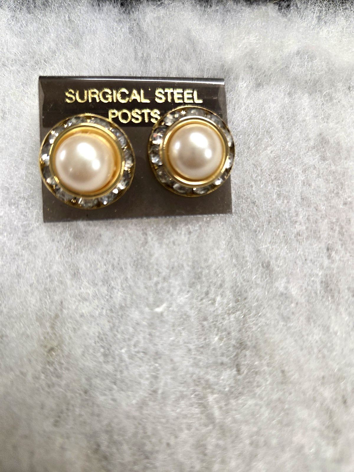 Vtg gold tone faux pearl encased rhinestone pierced Earrings