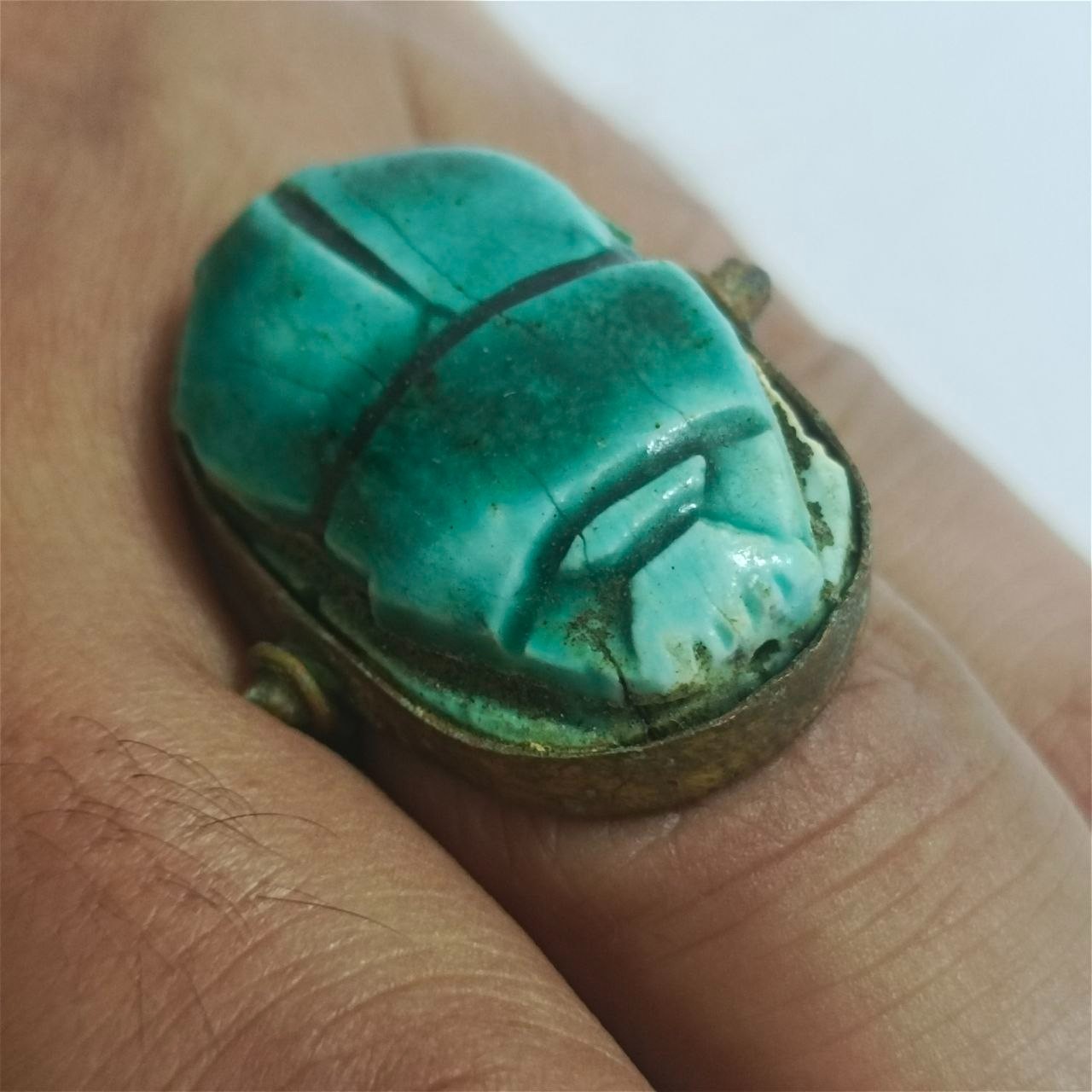 Ancient-Style Egypt Turquoise Scarab Ring Vintage Brass Setting Handmade Jewelry
