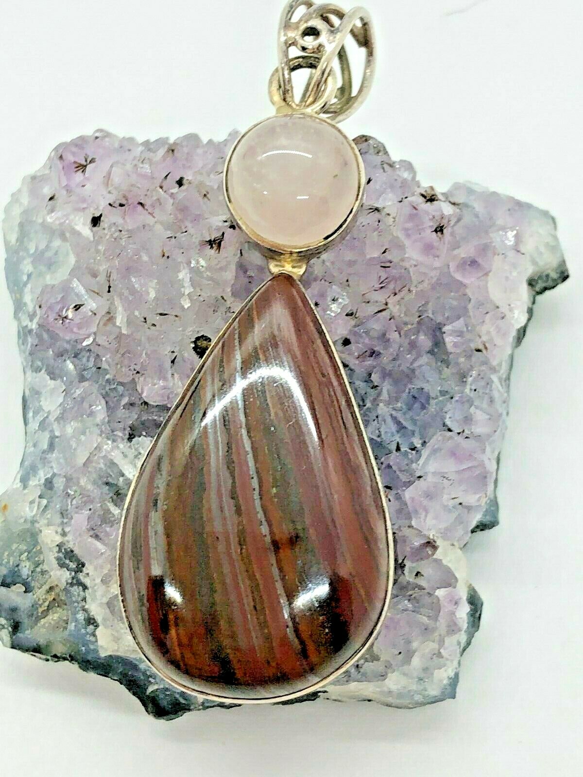 Vintage Sterling Silver Tiger Iron Rose Quartz Teardrop Pendant 8.2 Grams