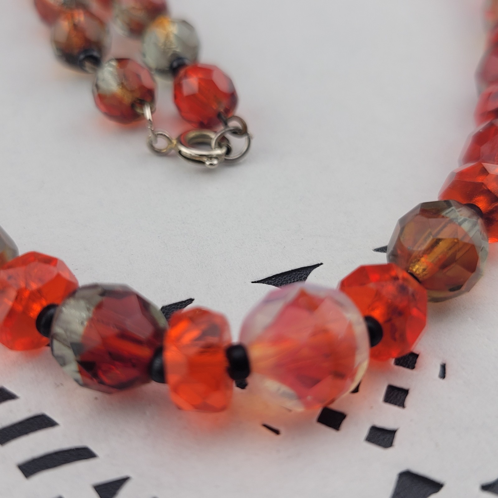 Antique Czech Red Clear Orange Givre Glass Crystal Bead Graduated 20″ Necklace