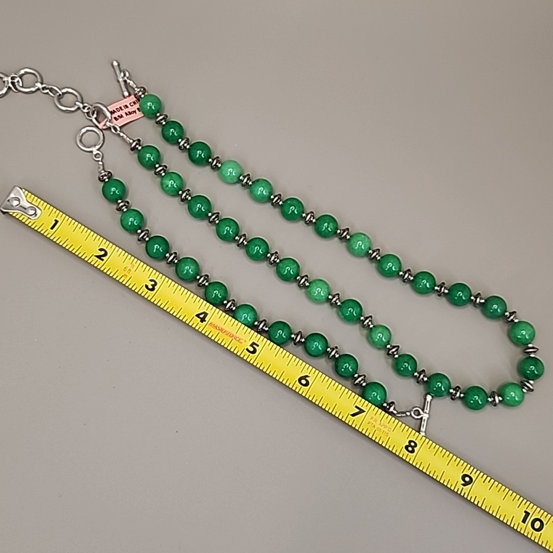 Jade Beaded Necklace Bracelet Set Green Stone Stainless Steel JTV 20″