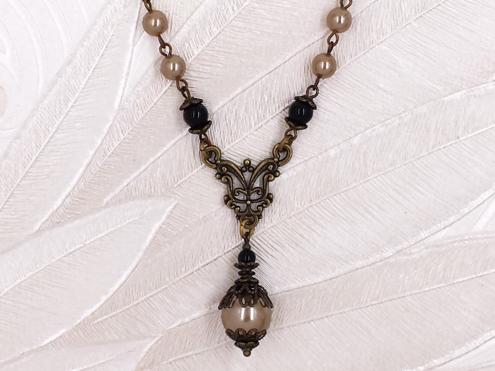Art Nouveau Necklace Champagne Gold Crystal Pearl Black Bead Victorian Jewelry