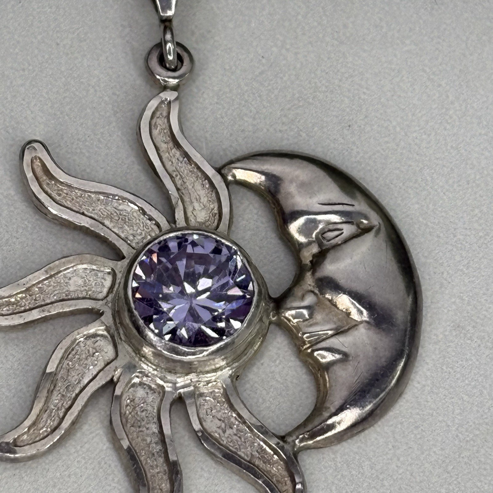 Vintage Mexico Sterling Silver Sun & Crescent Moon Eclipse Pendant Purple Stone