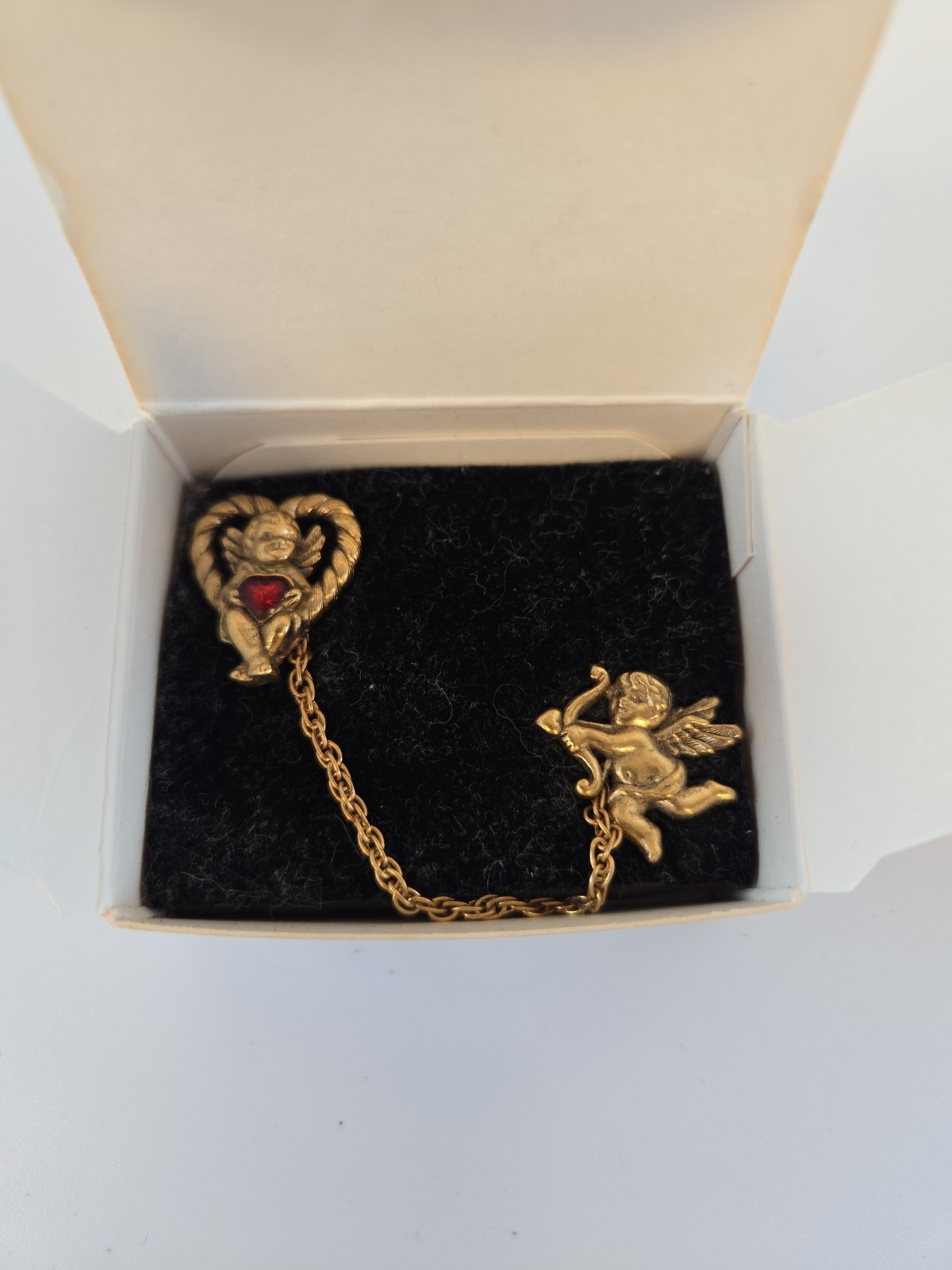 Vtg AVON Gold Tone Angel Cupid Cherub Red Heart Chain Sweater Brooch Pins