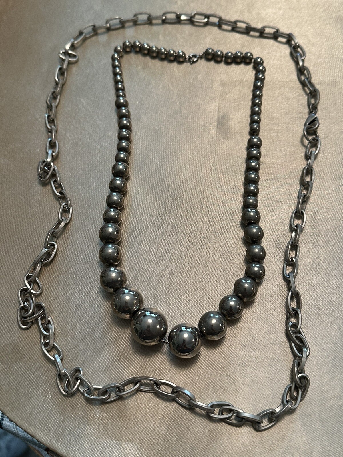 2 VTG SILVER TONE METAL NECKLACES -1 16” Beaded & 1 30”Link – COSTUME JEWELRY