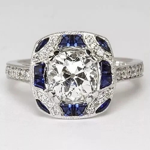 Art Deco Style Lab Created Diamond & Sapphire Engagement 14K White Gold FN Ring