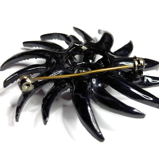 Vintage Mourning Brooch Black Rhinestone Japanned Pinwheel Signed Unreadable