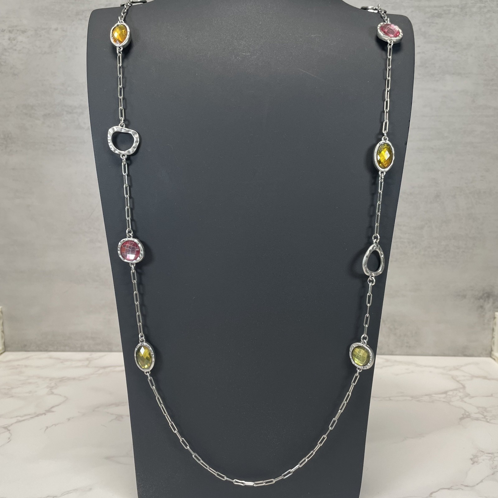 Lia Sophia Gumdrop silvertone necklace w/crystal stations in pink green & yellow