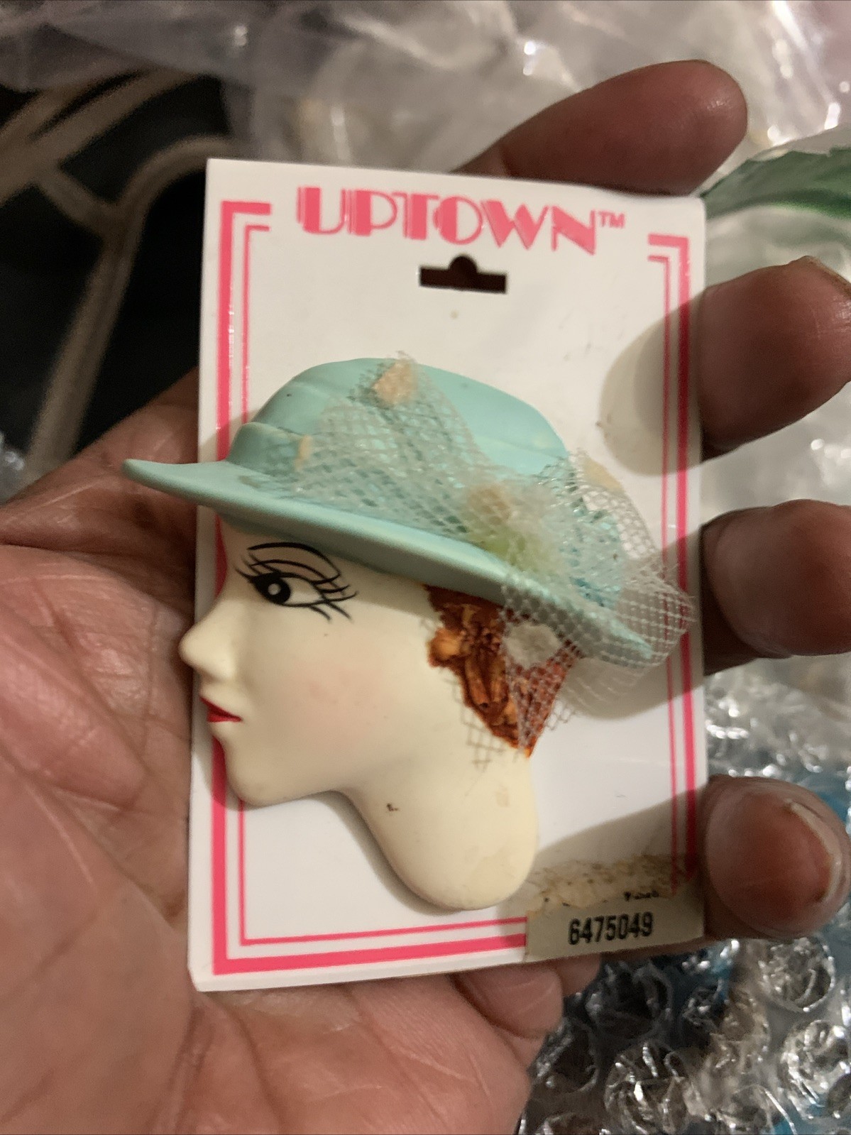 Fancy Light Blue Hat With Netting Lady Brooch