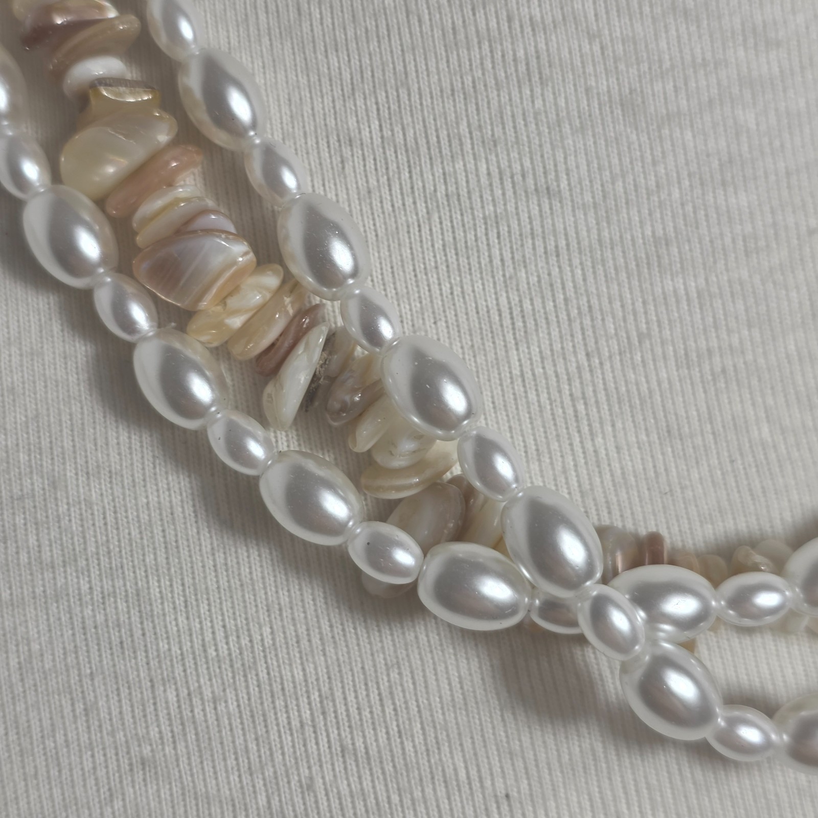 Vintage Inspired Multi-Strand Necklace Faux White Pearls & Earthtone Shell Chips