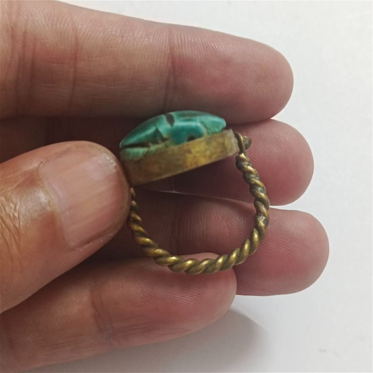 Ancient-Style Egypt Turquoise Scarab Ring Vintage Brass Setting Handmade Jewelry