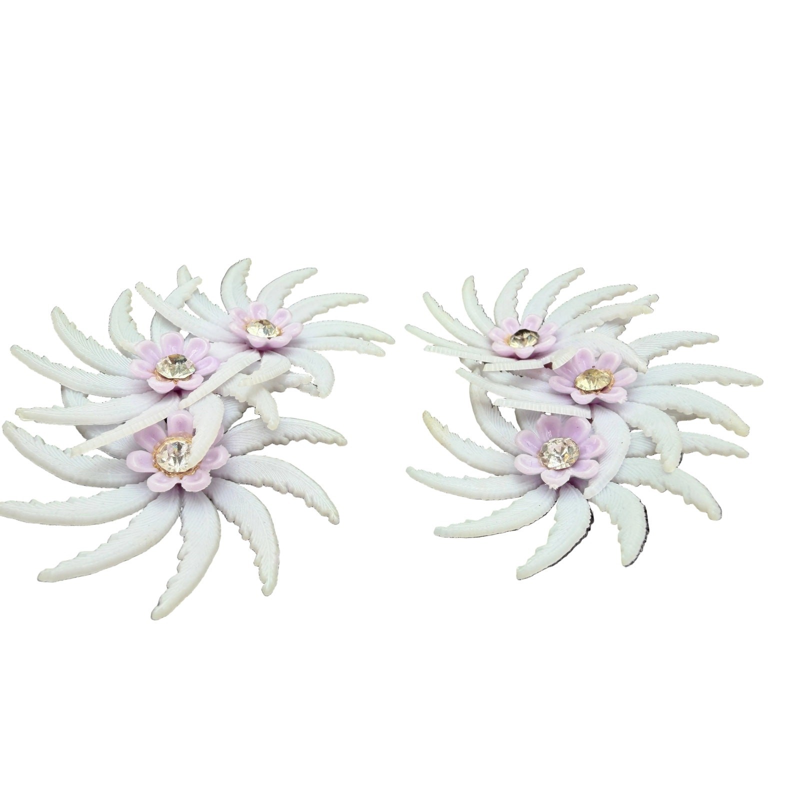 1950s Lavender Plastic Triple Floral Ear Climber Clip Earrings with Rhinestones