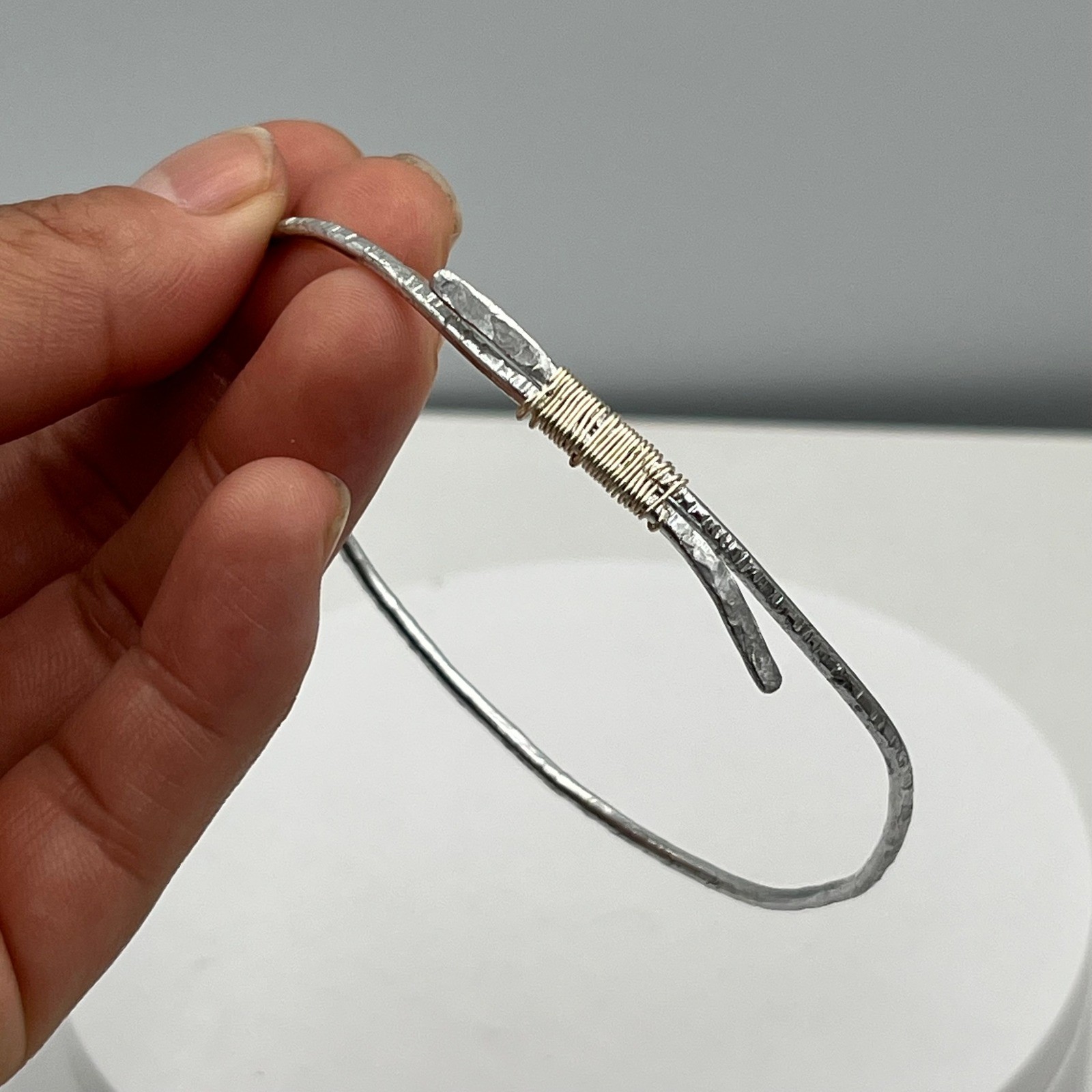Artisan Hammered Silver Tone Bangle Bracelet, Mixed Metal Wire Wrap, Stackable