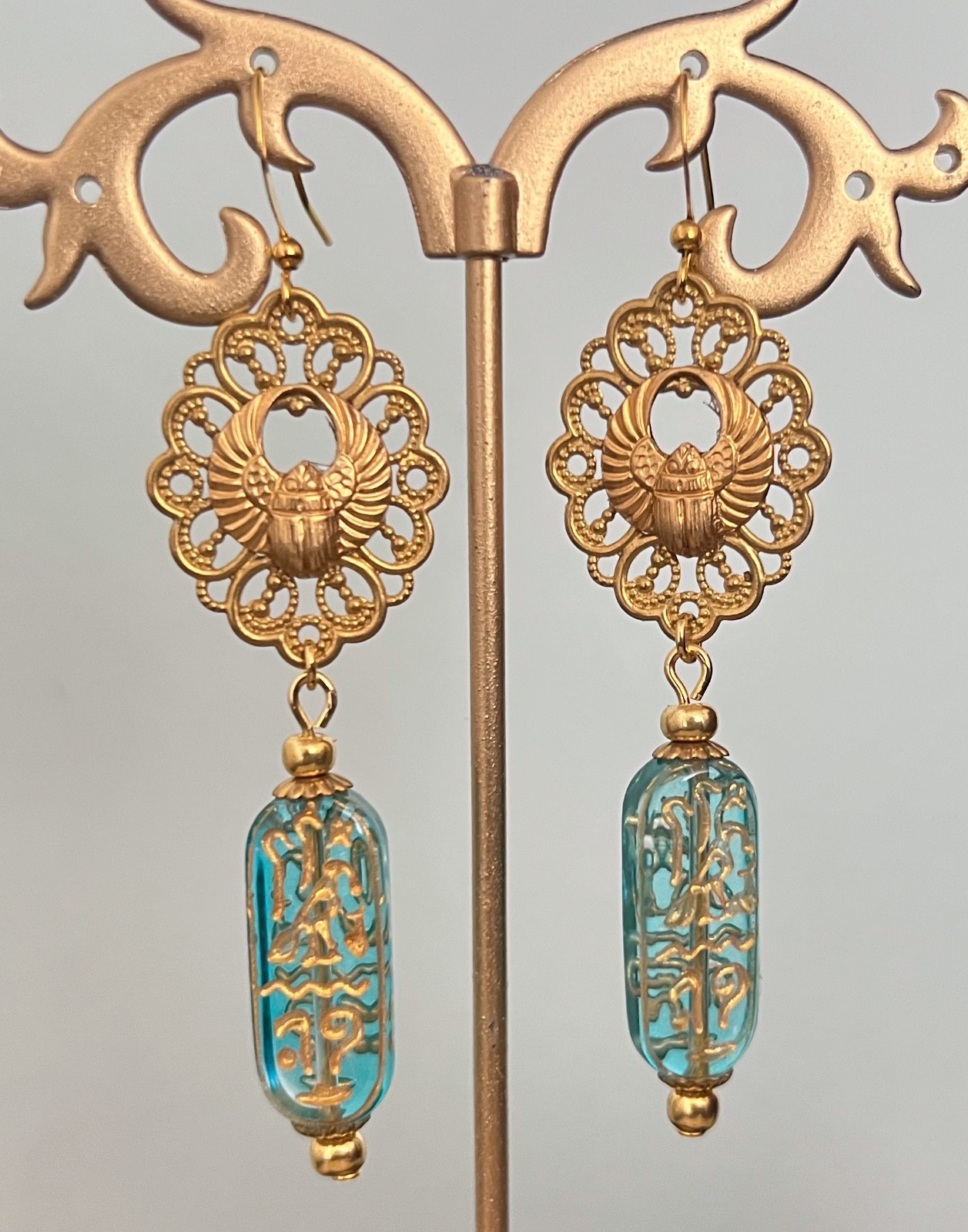 Scarab Earrings Egyptian Revival Turquoise Czech Glass Cartouche & Filigree
