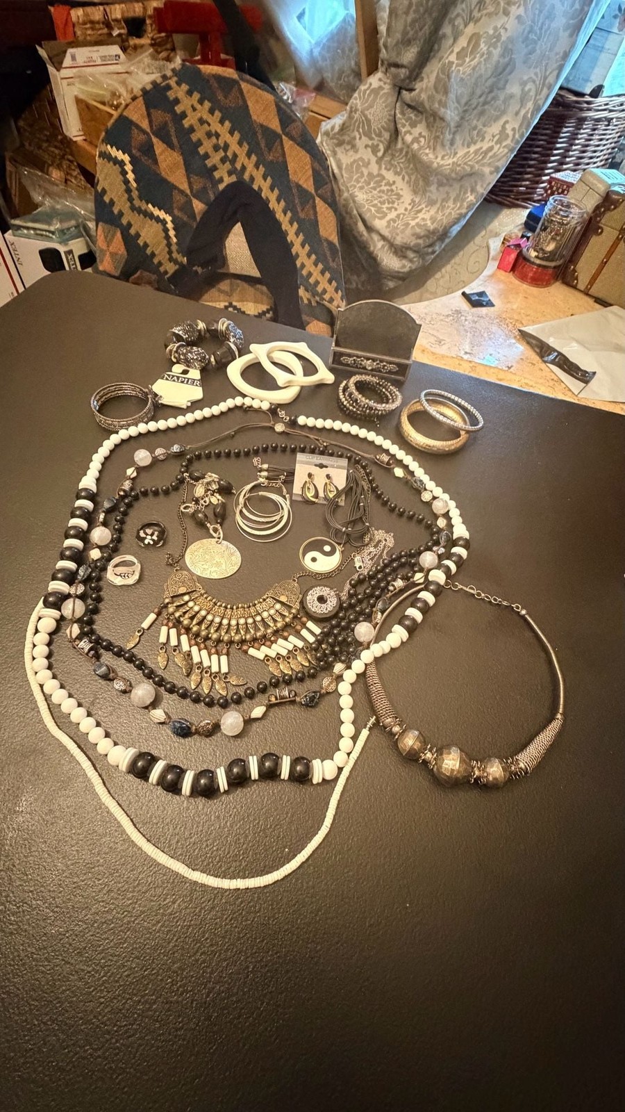 Vintage Black and White Fashion Jewelry Lot with Napier and Tribal Statement Pie