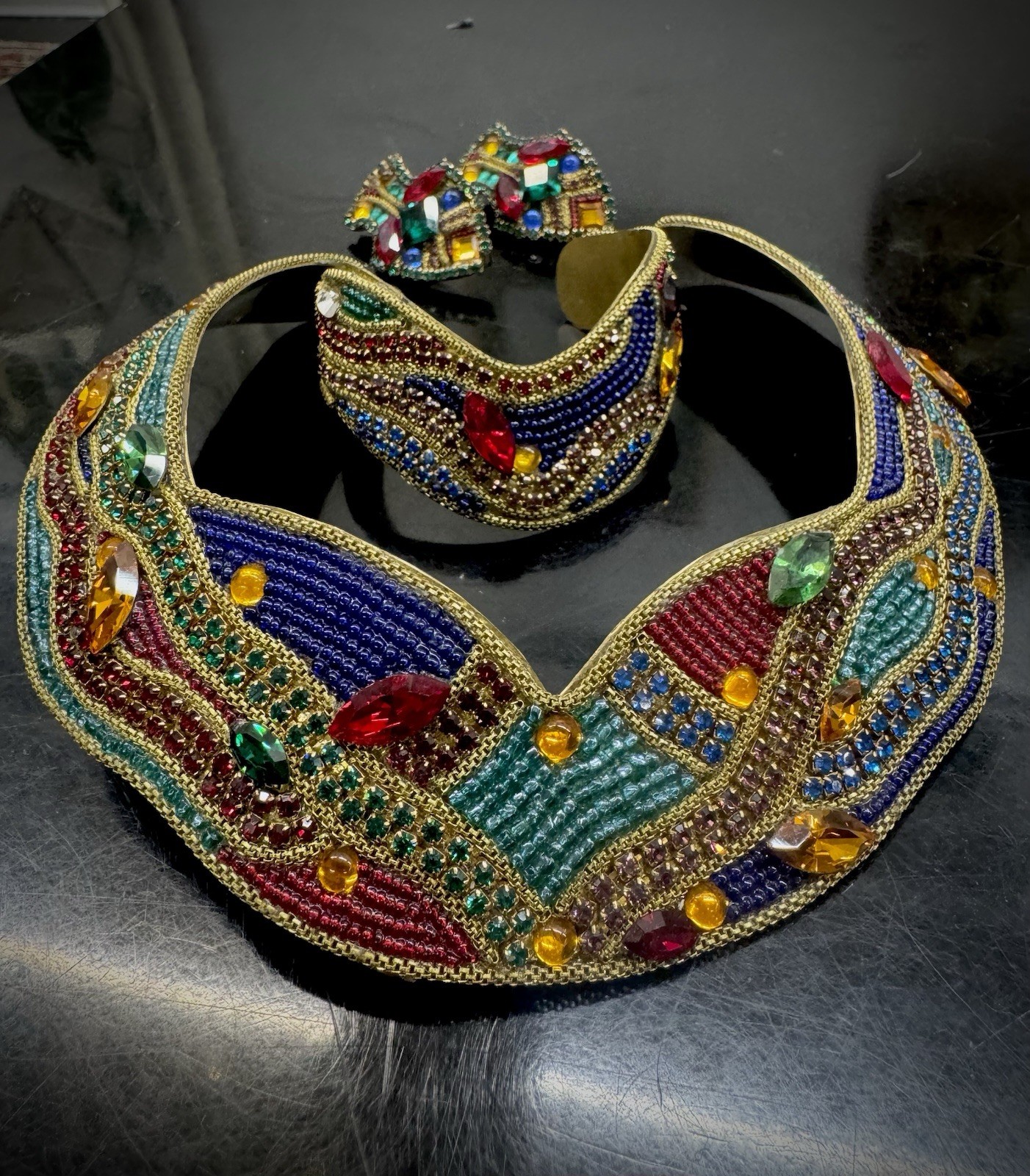Vtg 1989 Signed M&J Hansen Brass Rhinestone Collar Necklace, Bracelet, Earrings