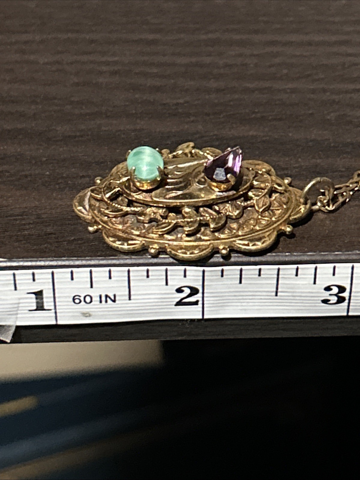 Vintage French Stamp Gold Plate Necklace Art Deco Purple Green Stones Pendant